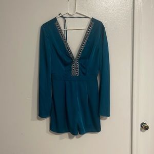Bebe turquoise blue drop neck jeweled romper